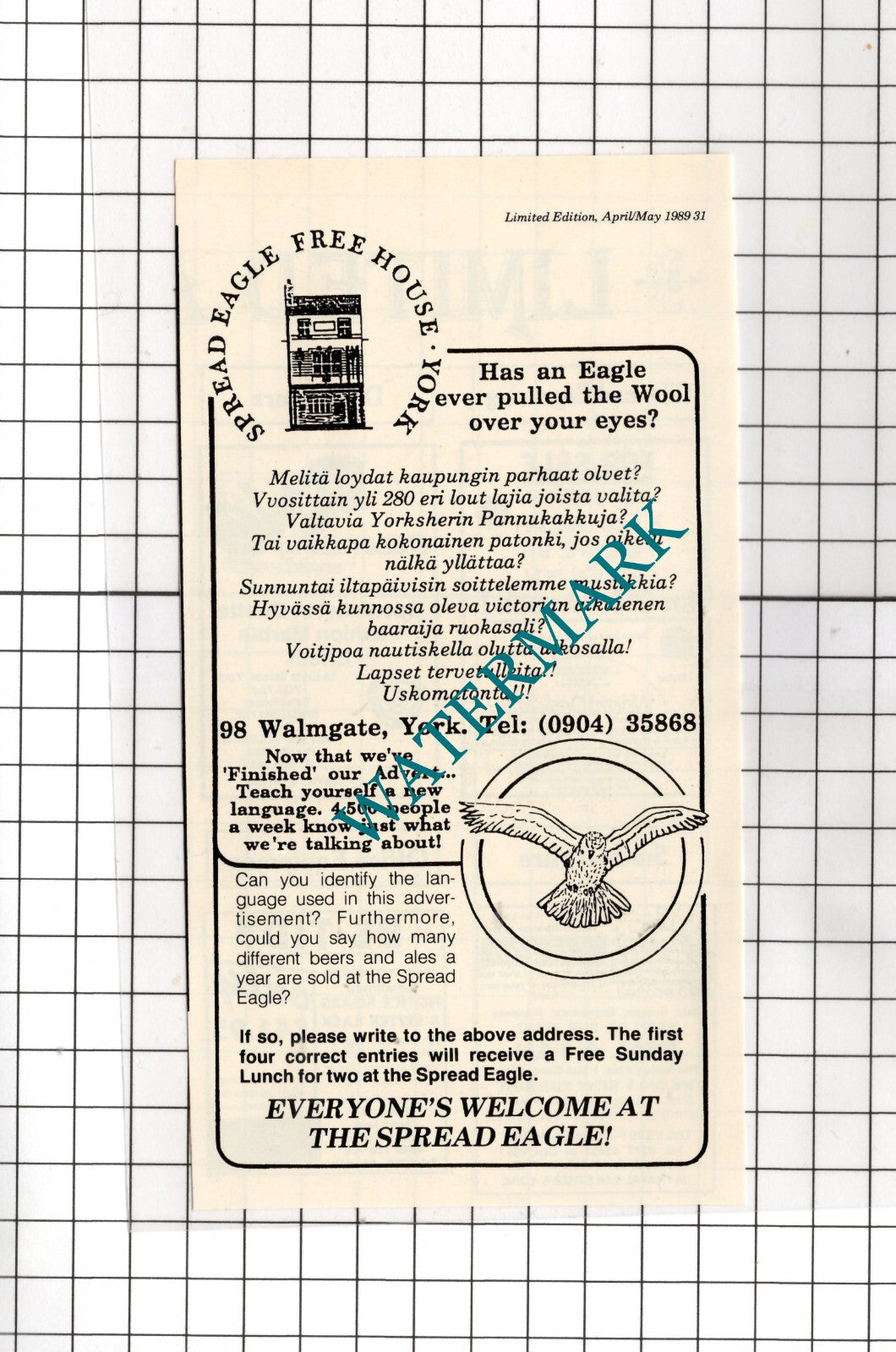 Spread Eagle Free House Walmgate York Yorkshire Advert - 1989 Cutting