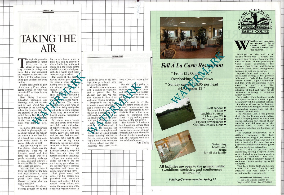 Flights Restaurant Earls Colne Golf & Country Club  - 1991 3-Part ADVERT