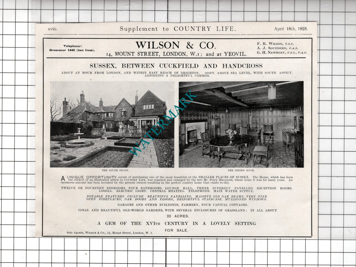 Mr Percy Macquoid Cuckfield Sussex Handcross - 1925  House Sale Advert