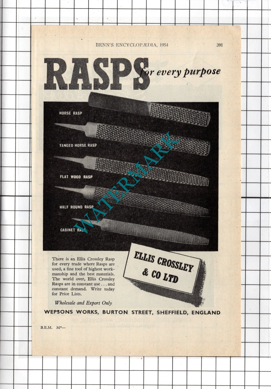 Ellis Crossley & Co Ltd Wepsons Works Burton Street Sheffield - 1954 Advert