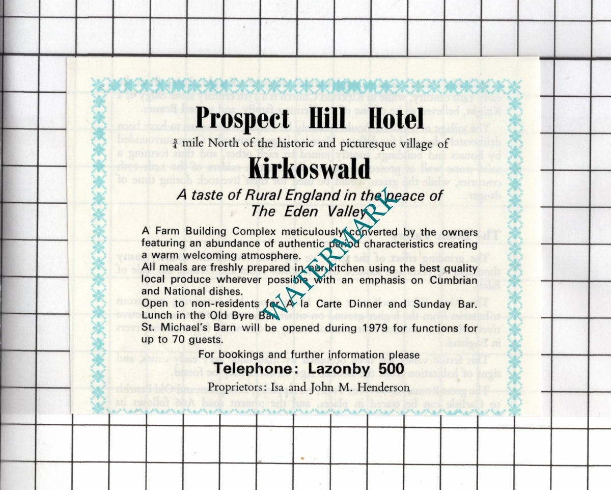 Prospect Hill Hotel Kirkoswald Cumbria  Isa John Henderson - c.1975 SMALL Advert