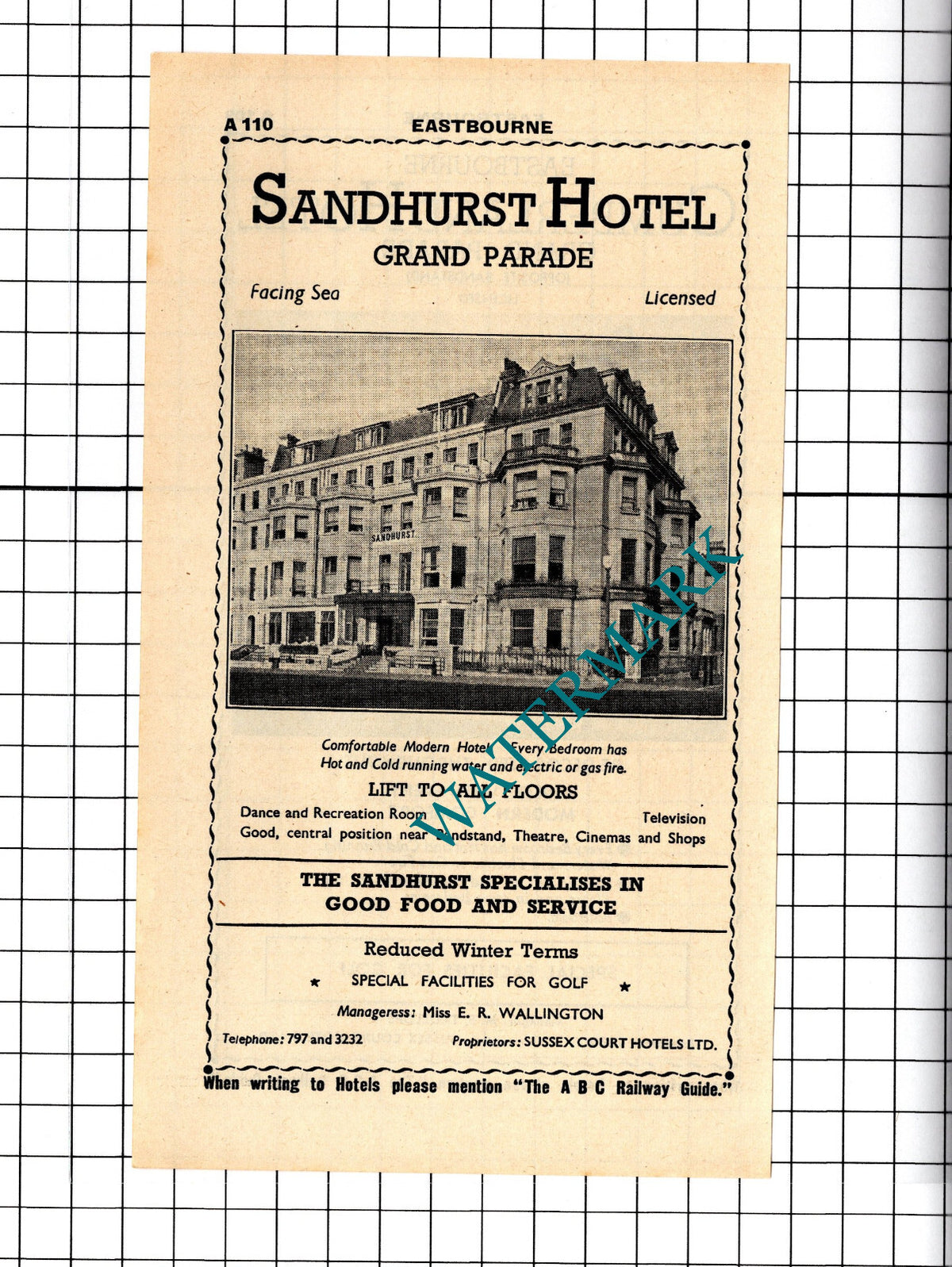 Sandhurst Hotel Eastbourne / Cumberland Hotel Trollope Advert - 1958 Cutting