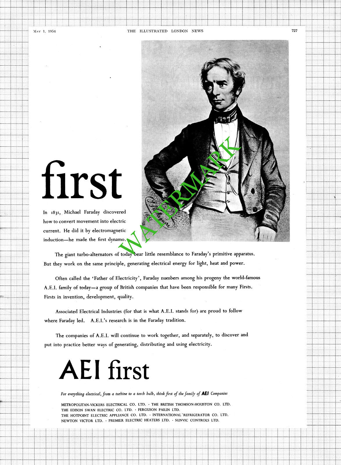AEI Associated Electrical Industries  Michael Faraday Advert - 1954 Cutting