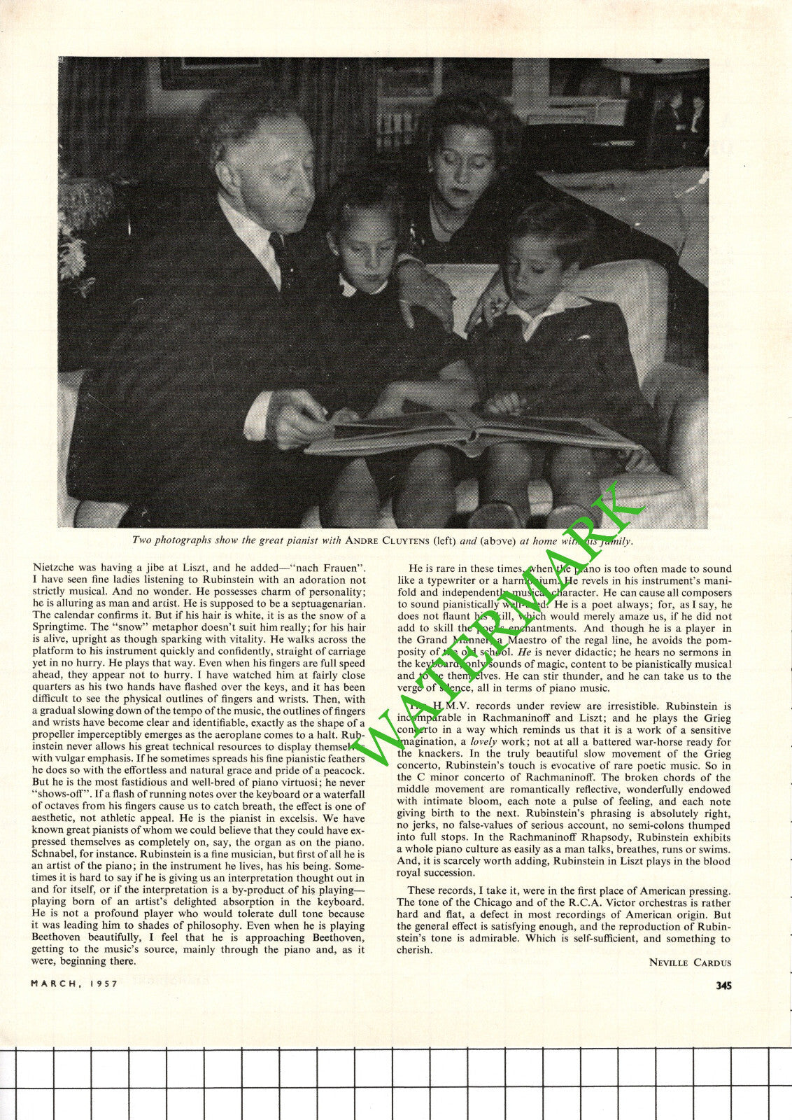 Artur Rubinstein Pianist Neville Cardus  - 1957 Article