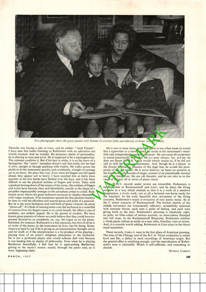 Artur Rubinstein Pianist Neville Cardus  - 1957 Article