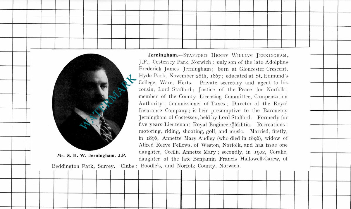 Stafford Henry William Jerningham Costessey Park Norwich - 1911 Clipping