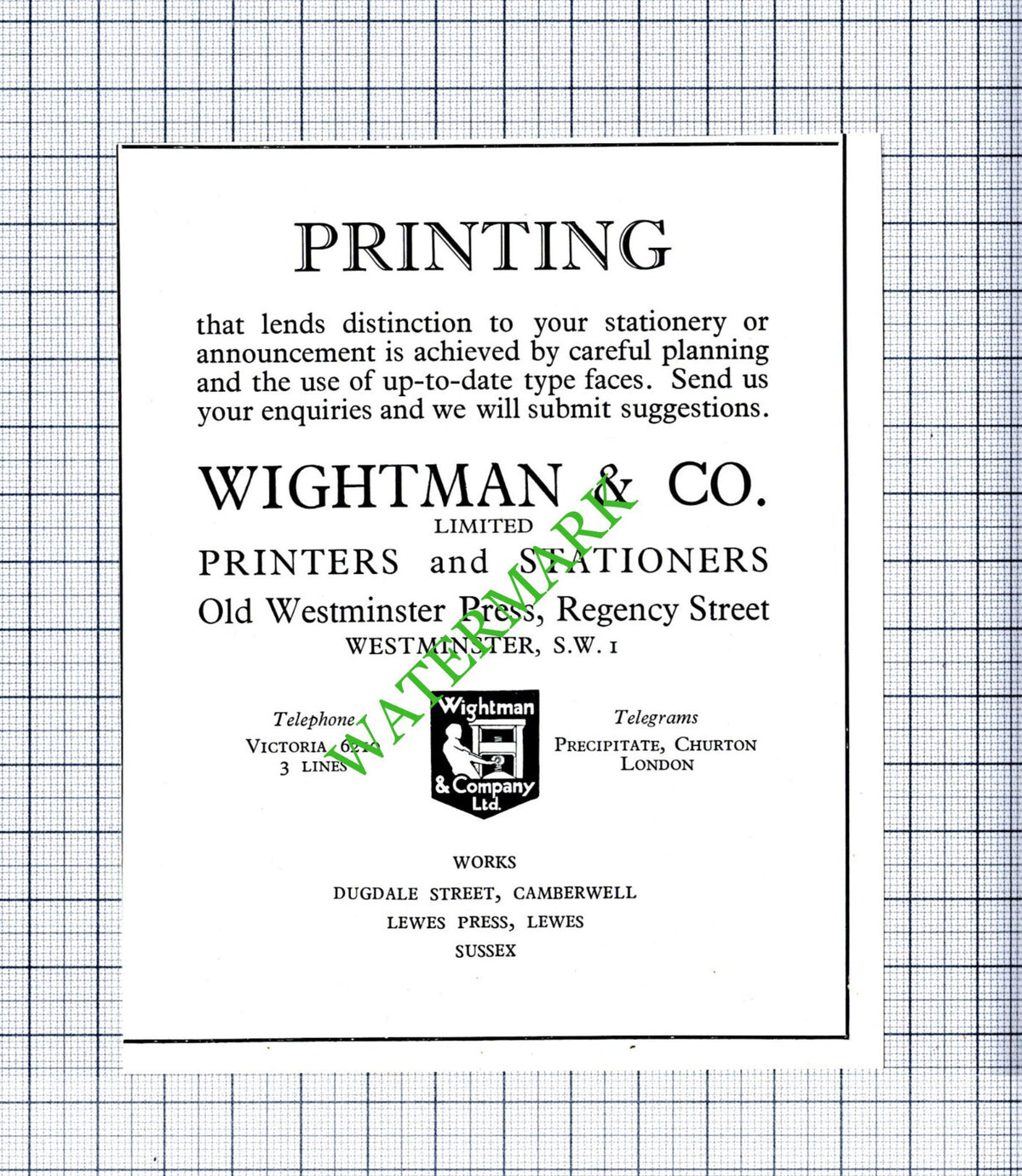Wightman & Co Ltd Printers Small Advert - 1930s  Cutting / Print