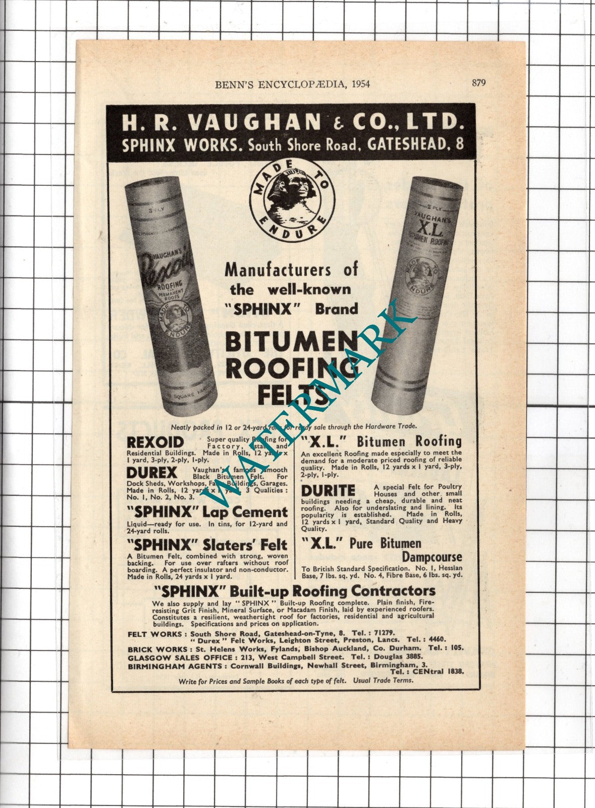 H R Vaughan & Co Ltd Sphinx Works Gateshead  - 1954 Advert