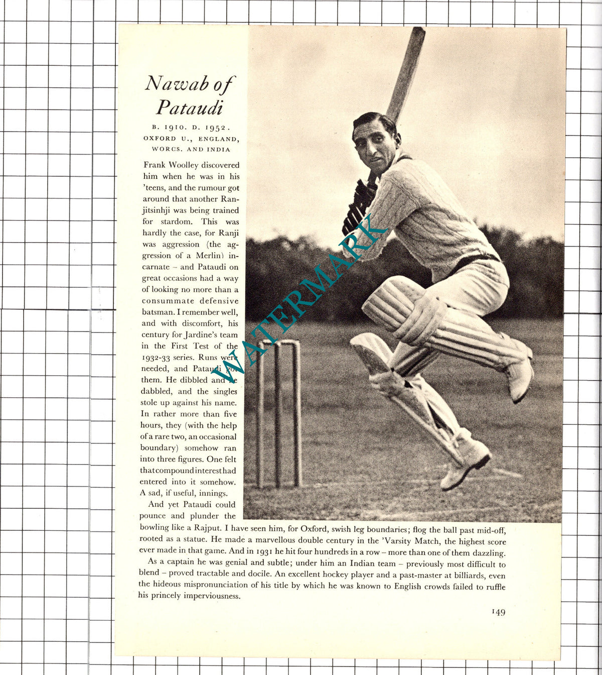 L O'B Fleetwood-Smith Cricketer / Nawab of Pataudi Cricket - 1952 Book Print