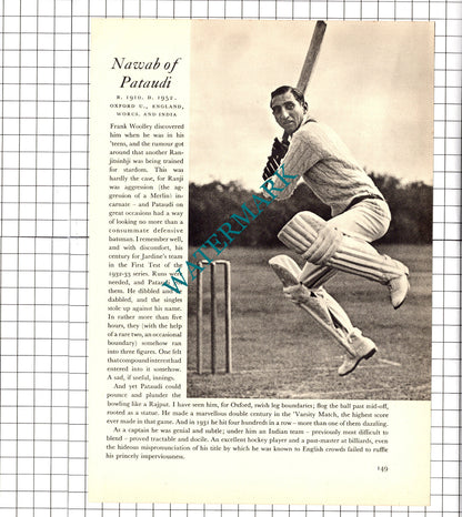 L O'B Fleetwood-Smith Cricketer / Nawab of Pataudi Cricket - 1952 Book Print