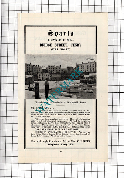 Goscar Rock Hotel Tenby Williams / Sparta Hotel Tenby Wales Rees  - 1962 ADVERT