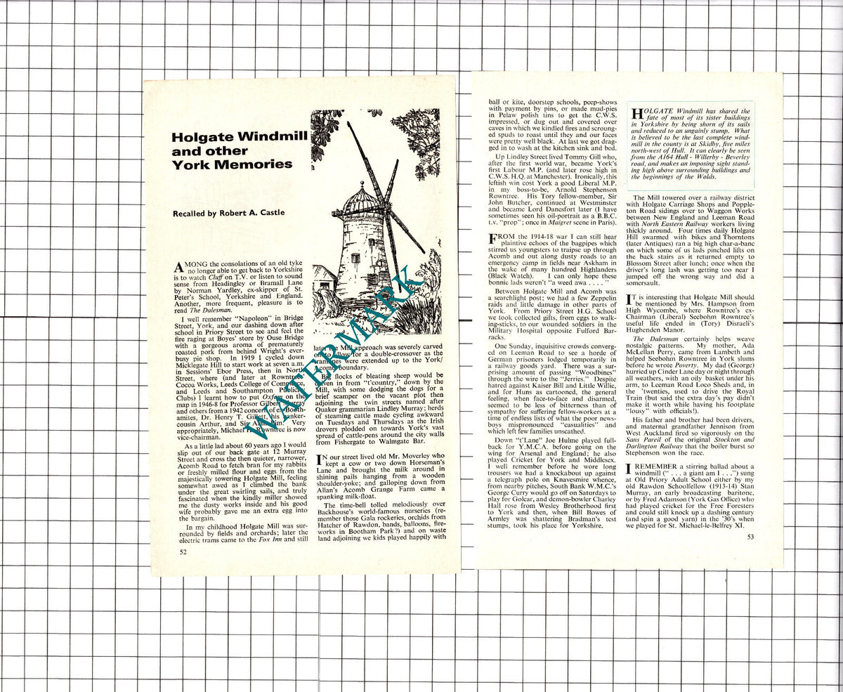 Holgate Windmill Yorkshire Robert A Castle   - 1968 Article/ Print