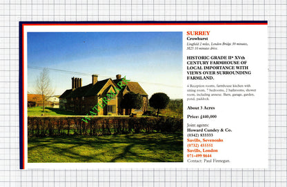 Crowhurst Surrey /  Hindringham Norfolk House Sale Advert - 1991 Cutting