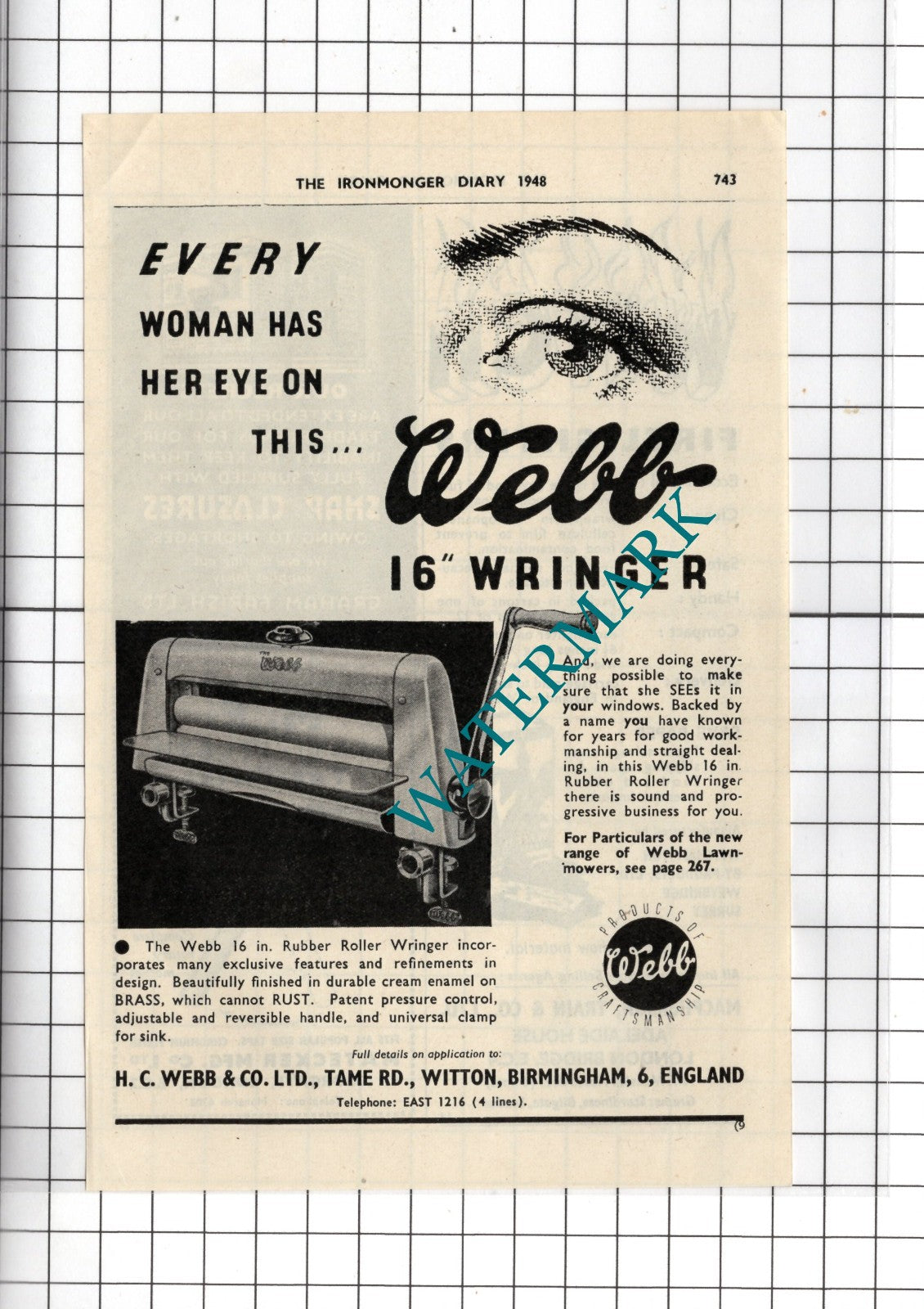 H C Webb & Co Ltd Witton Birmingham Wringer - 1948 Small Advert