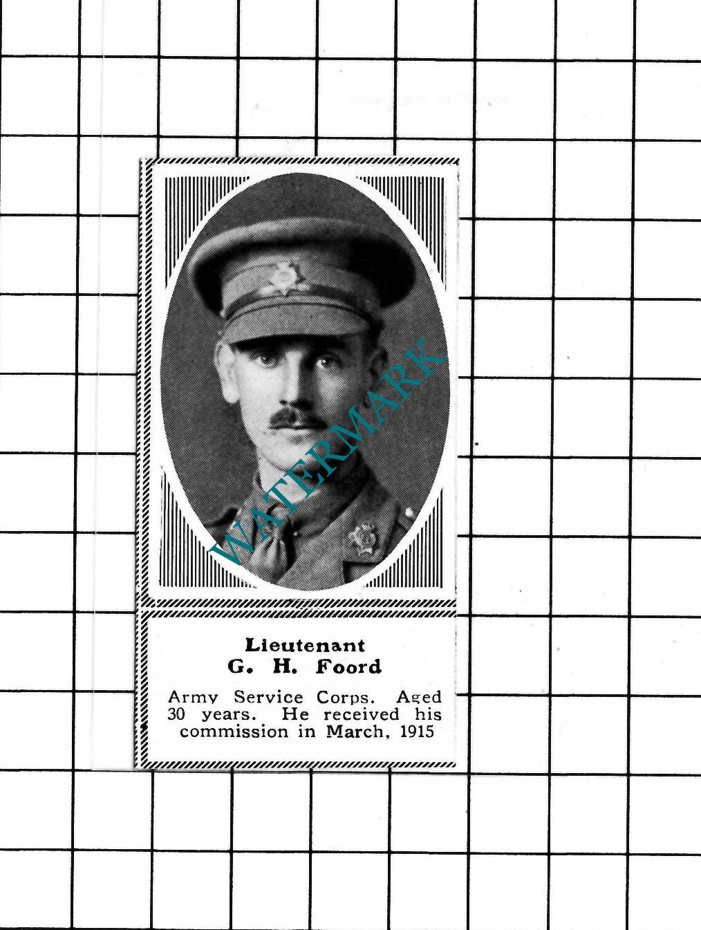 Lt G H Foord Army Service Corps WW1 - c.1918 SMALL Clipping/ Print