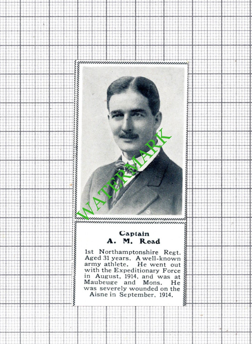 Captain A M Read 1st Northamptonshire Regt  WW1 - c.1918 SMALL Cutting