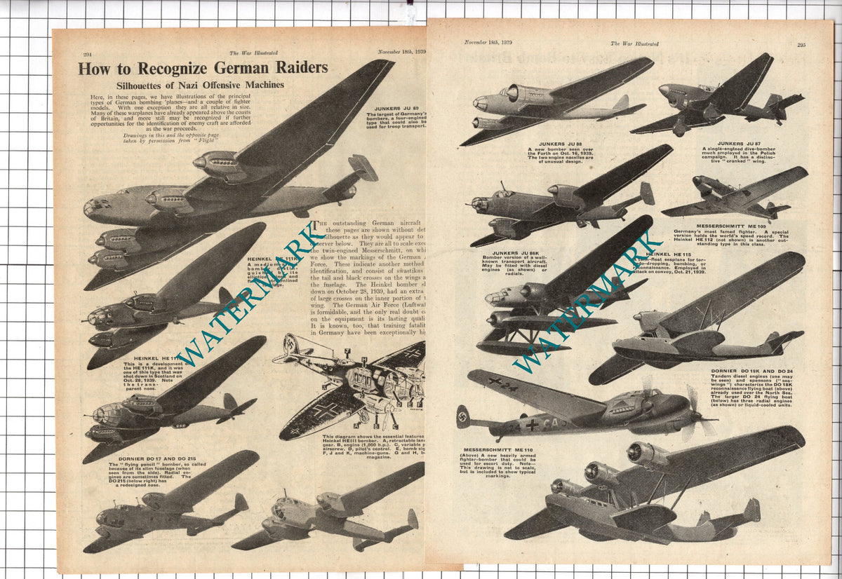 German Raider Planes World War Two WW2 - 1939 Two-Part Clipping