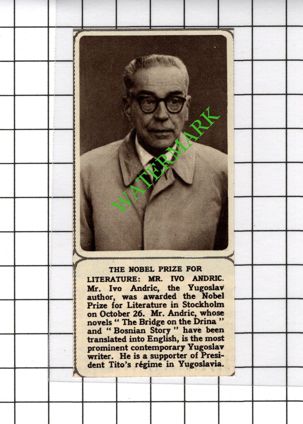 Mr Ivo Andric Author  Nobel Prize - 1961 SMALL Cutting