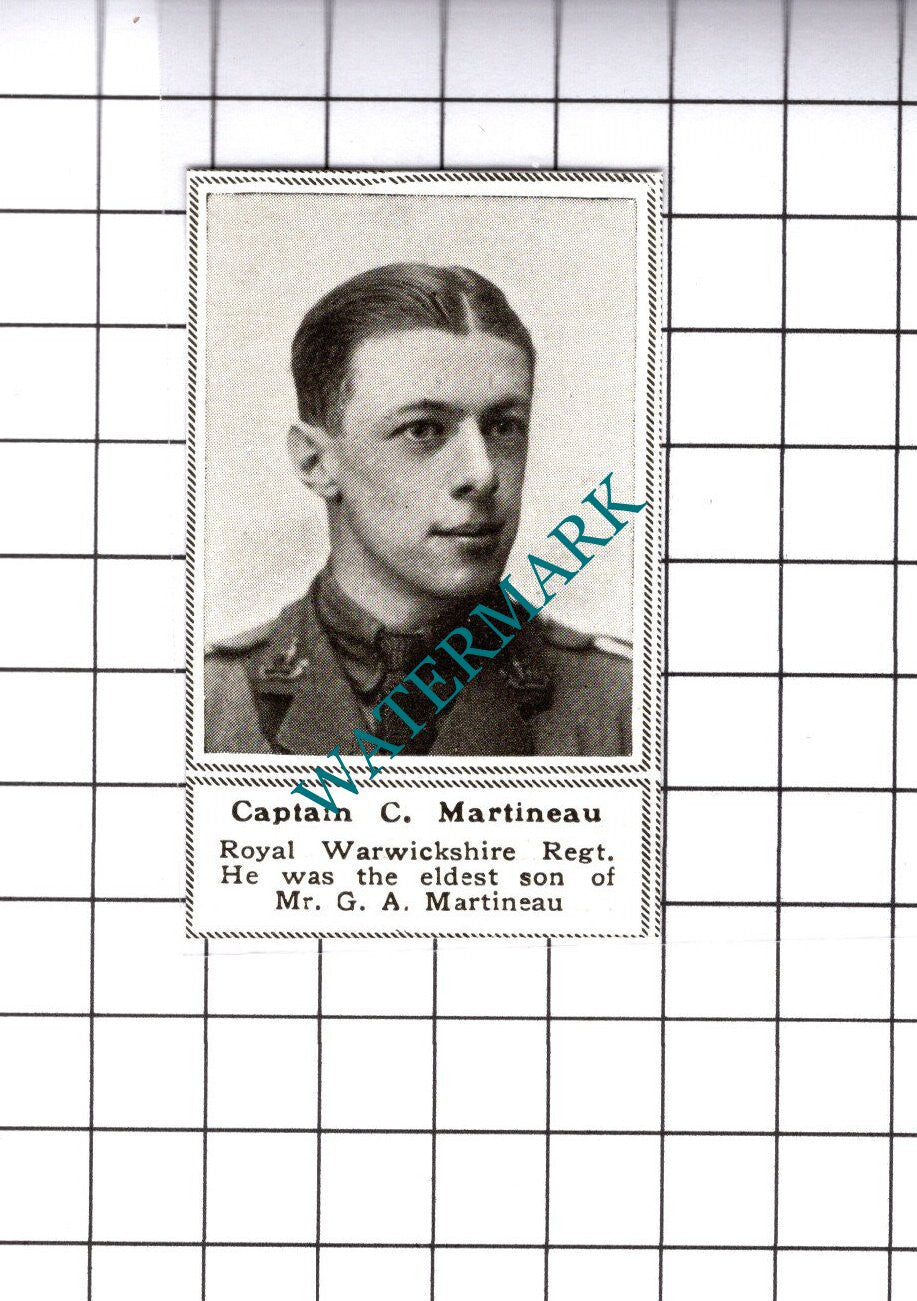 Captain C Martineau Royal Warwickshire Regt Great War WW1 - 1919 SMALL Cutting