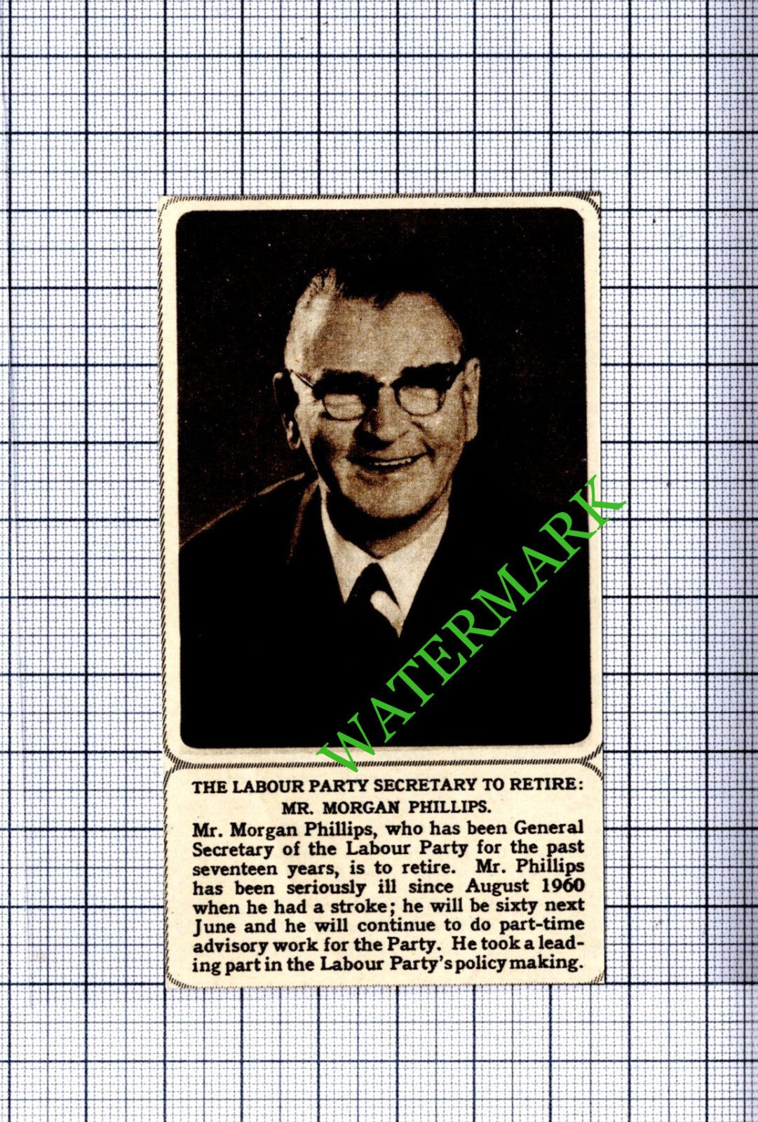 Mr Morgan Phillips Labour Party - 1961  Small Cutting