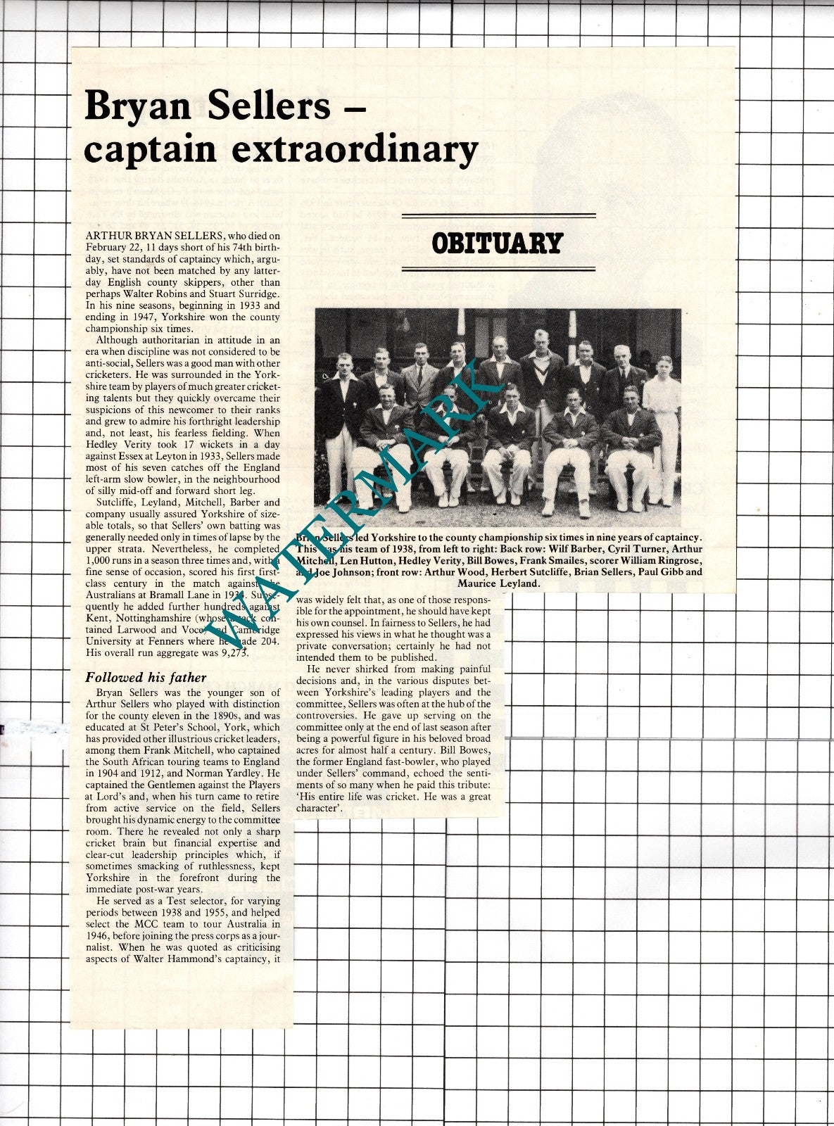 Arthur Bryan Sellers Cricketer Cricket Obituary - 1981 Article