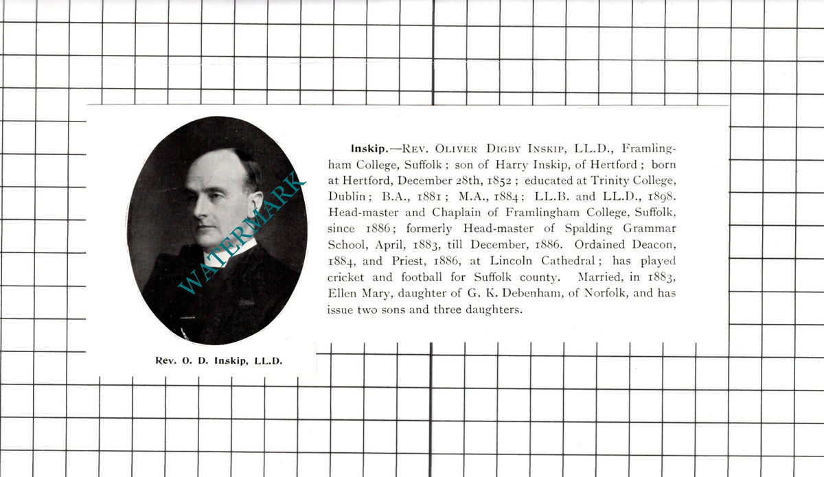 Rev Oliver Digby Inskip Framlingham College Suffolk Hertford - 1911 Cutting