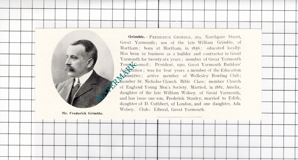 Frederick Grimble Great Yarmouth Norfolk Martham - 1911 Clipping