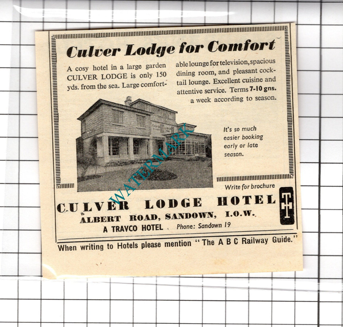 Sandbanks Hotel / Culver Lodge Hotel Sandown Isle Of Wight Advert - 1958 Cutting