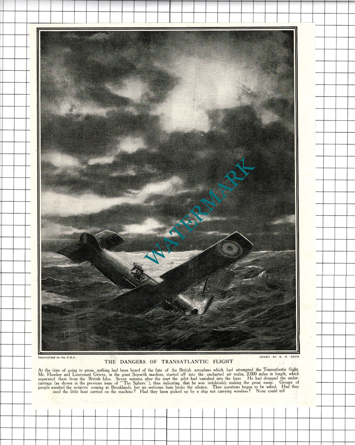 Mr Hawker & Lt Grieve Missing Aviators  World War One   - 1919 Cutting / Print