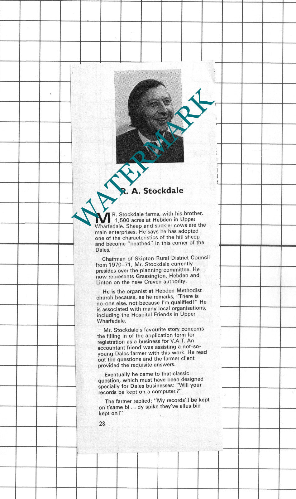 Mr R A Stockdale Hebden Upper Wharfedale - 1974 Clipping