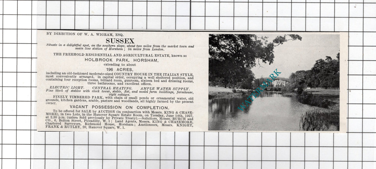 Holbrook Park Horsham Sussex W A Wigram Esq - 1927 House Sale Advert