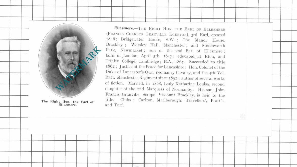 Francis Charles  Granville Egerton Earl Of Ellesmere - 1911 Clipping