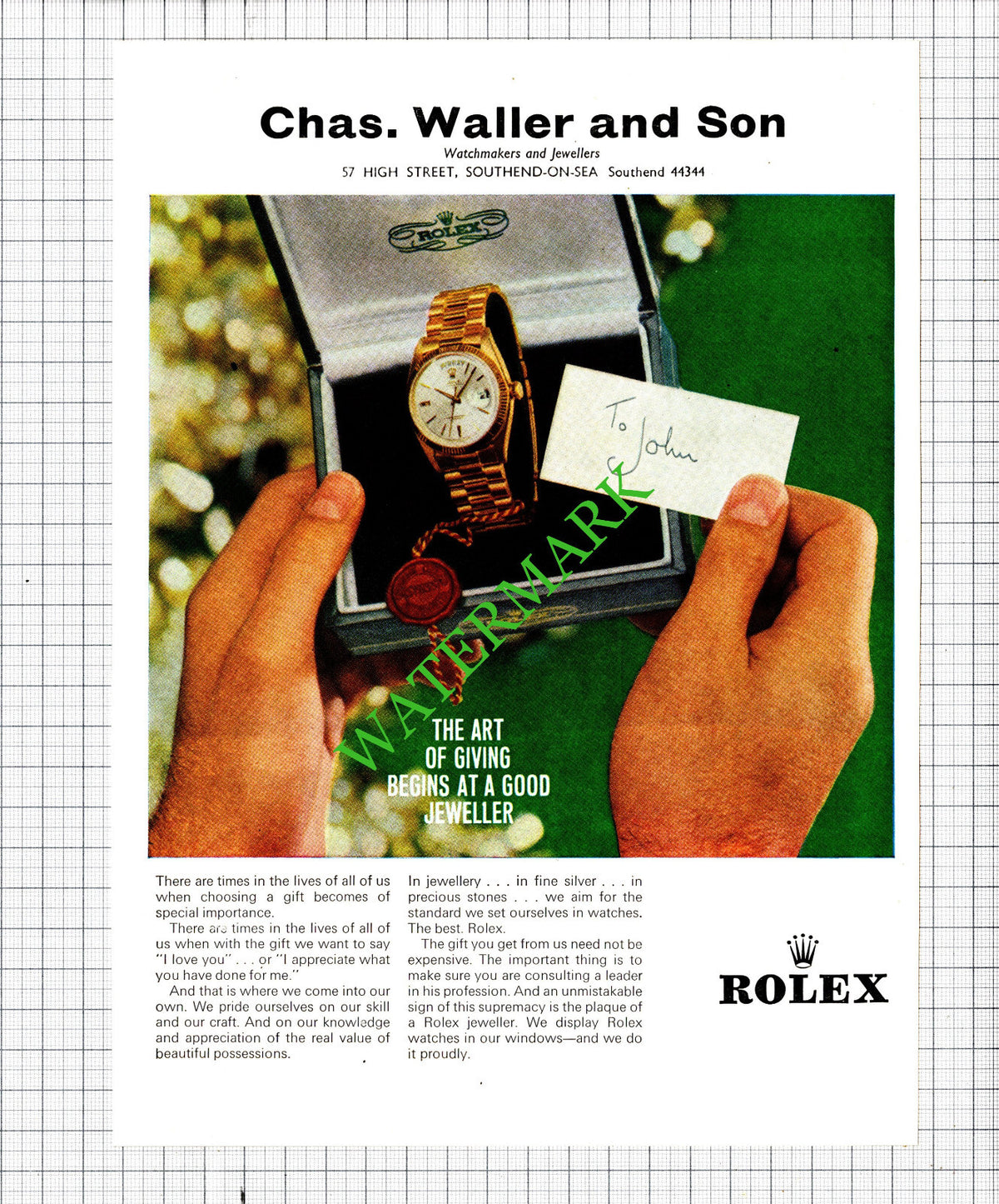 Charles Waller And Son Southend Essex Rolex  ADVERT   - 1965 Cutting
