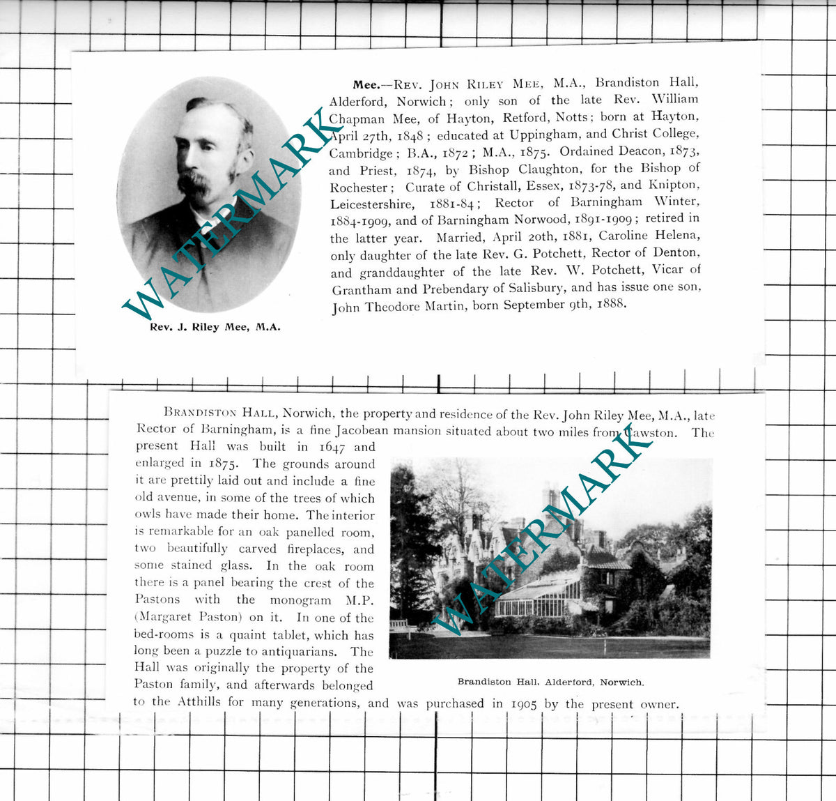 Rev John Riley Mee Brandiston Hall Alderford Norfolk - 1911 2-Part Clipping
