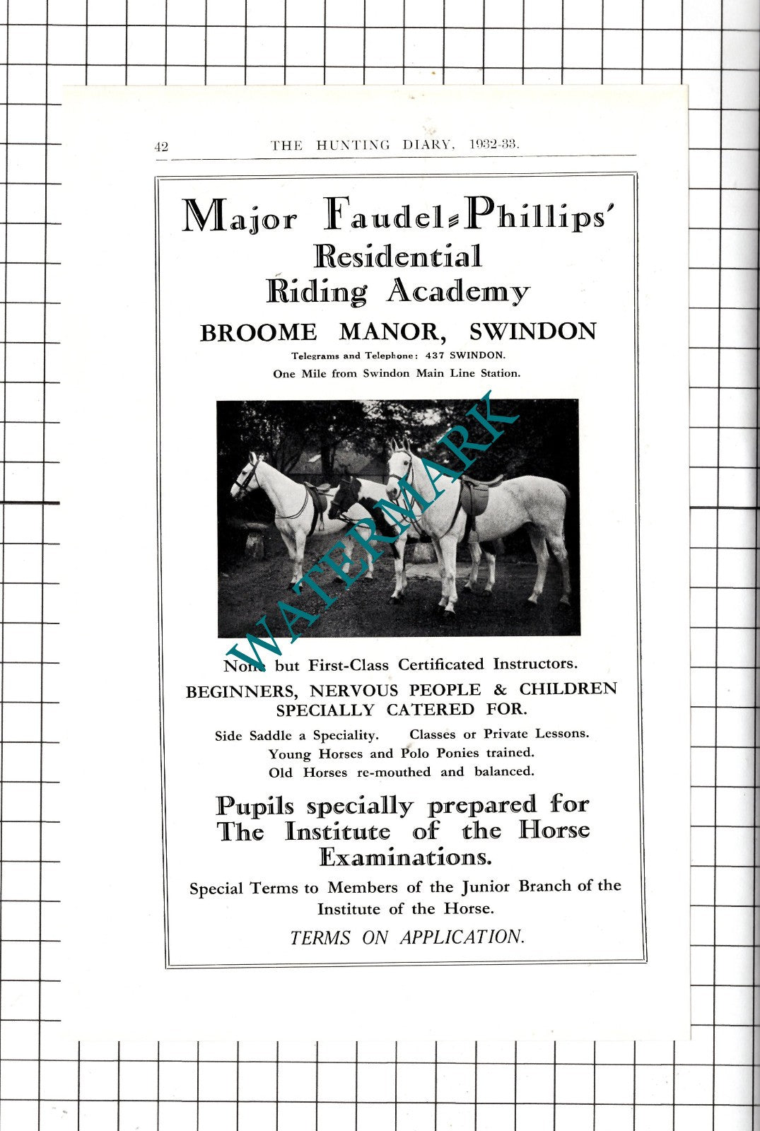 Major Faudel-Phillips Riding Academy Broome Manor Swindon -   1932 Advert
