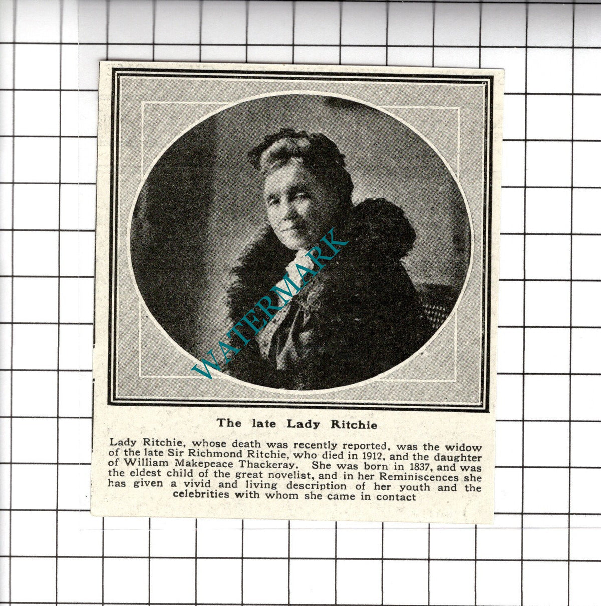 Lady Ritchie William Makepeace Thackeray Obituary - 1919 SMALL Cutting