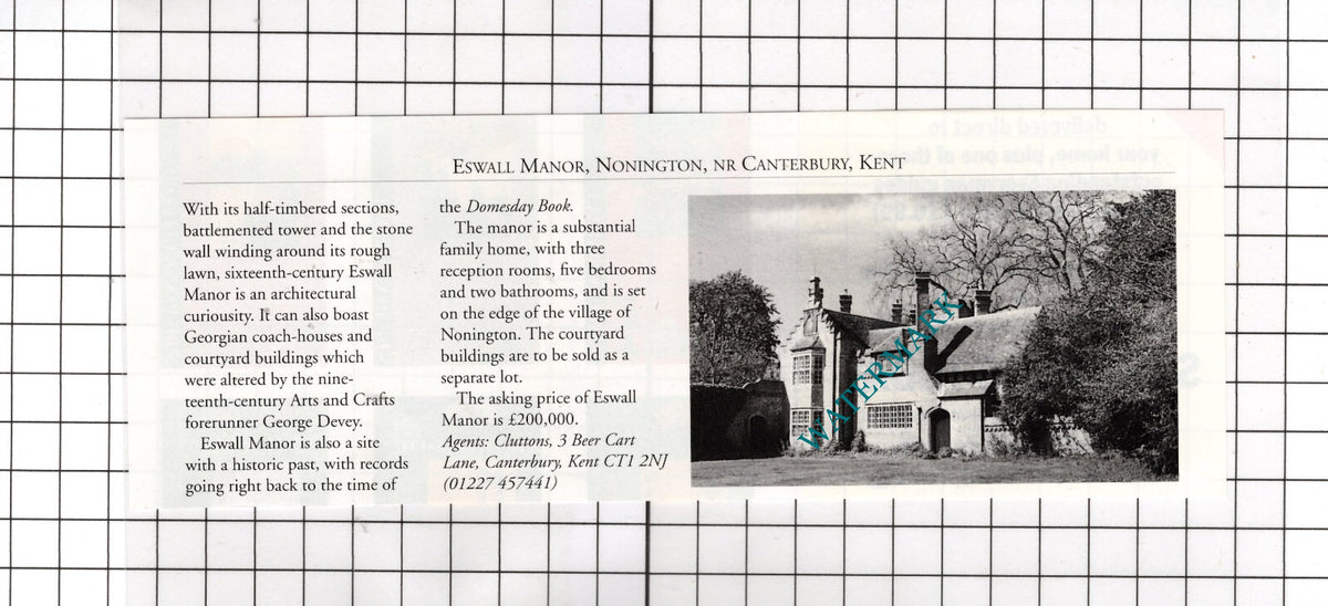 Eswall Manor Nonington Canterbury Kent House Sale Advert - 1995 Cutting