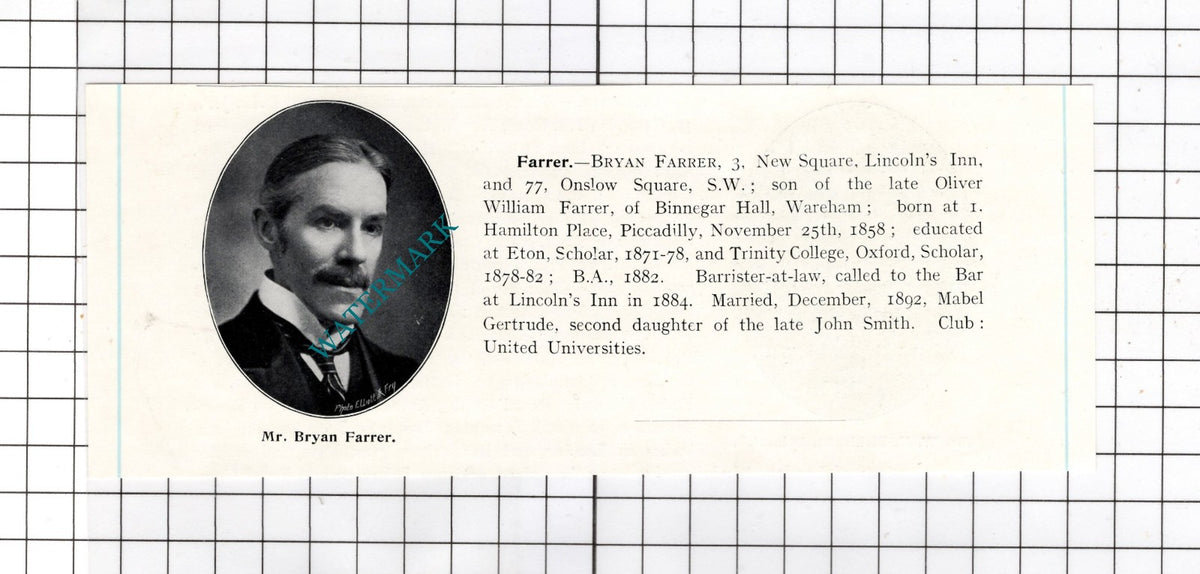 Bryan Farrer 77 Onslow Square London  - c.1905 Clipping