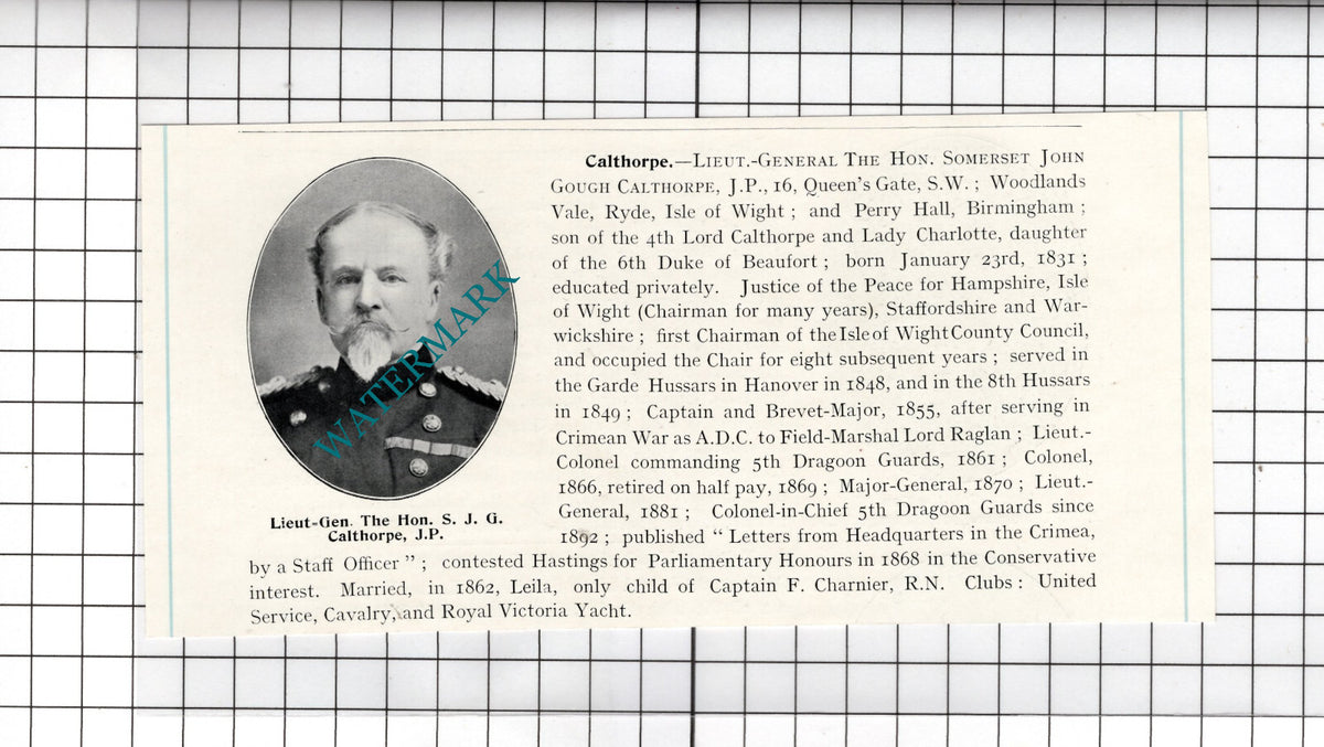 Lt Gen The Hon Somerset John Gough Calthorpe Woodlands Vale Ryde  c.1905 Cutting