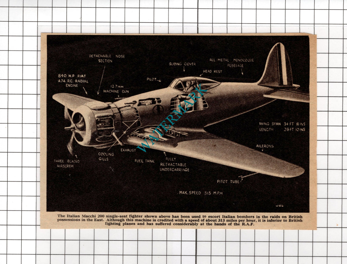 The Italian Macchi Fighter Plan Diagram World War Two - 1940 Small Cutting