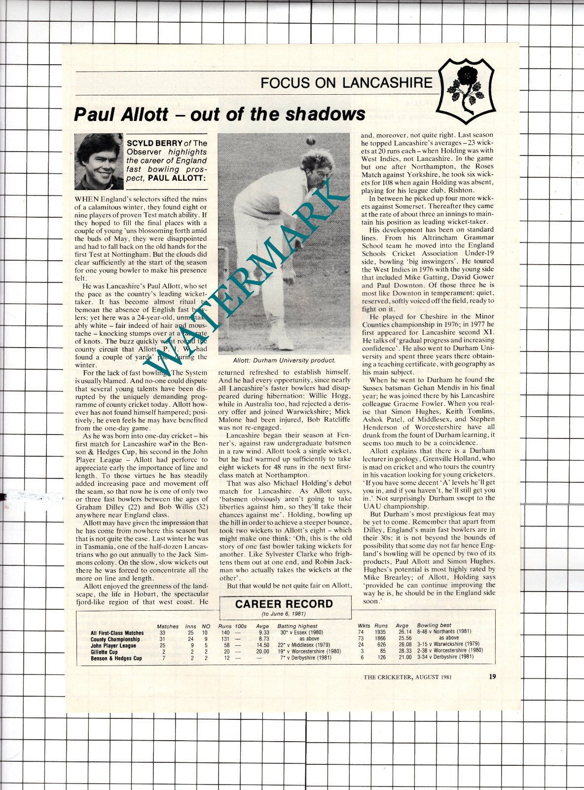 Paul Allott Cricketer Cricket  - 1981 Article