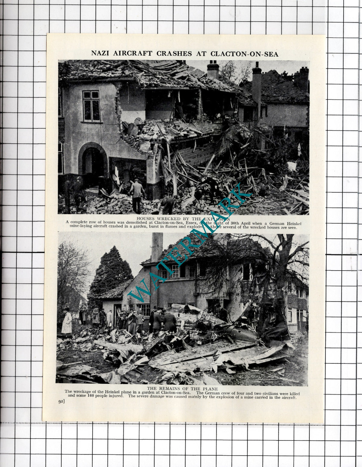 Clacton-on-Sea Essex German Aircraft Crash World War Two WW2 - c.1940's Cutting