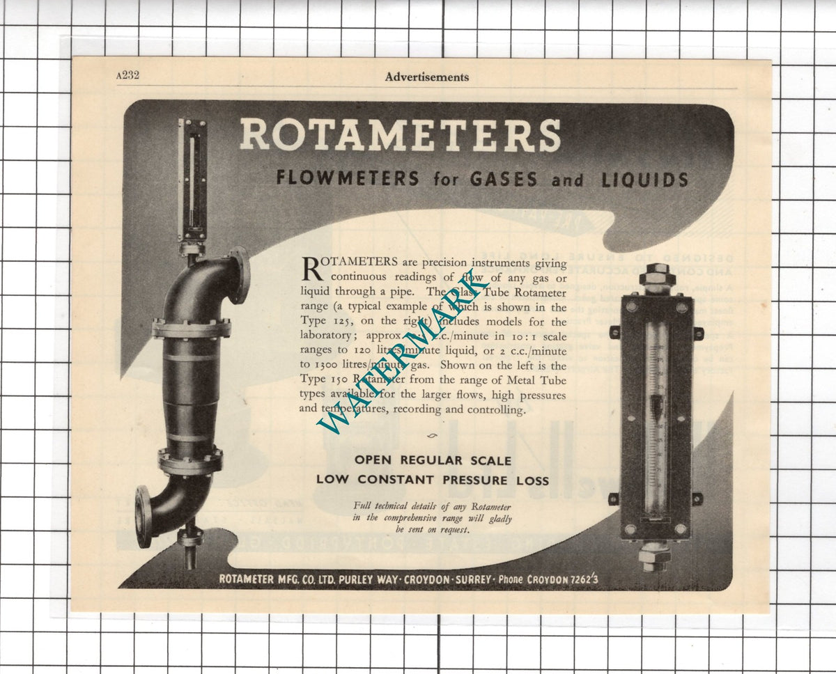 Rotameter Mfg Co Croydon / Helliwells Ltd Pontypridd Wales Gas Meter 1951 Advert