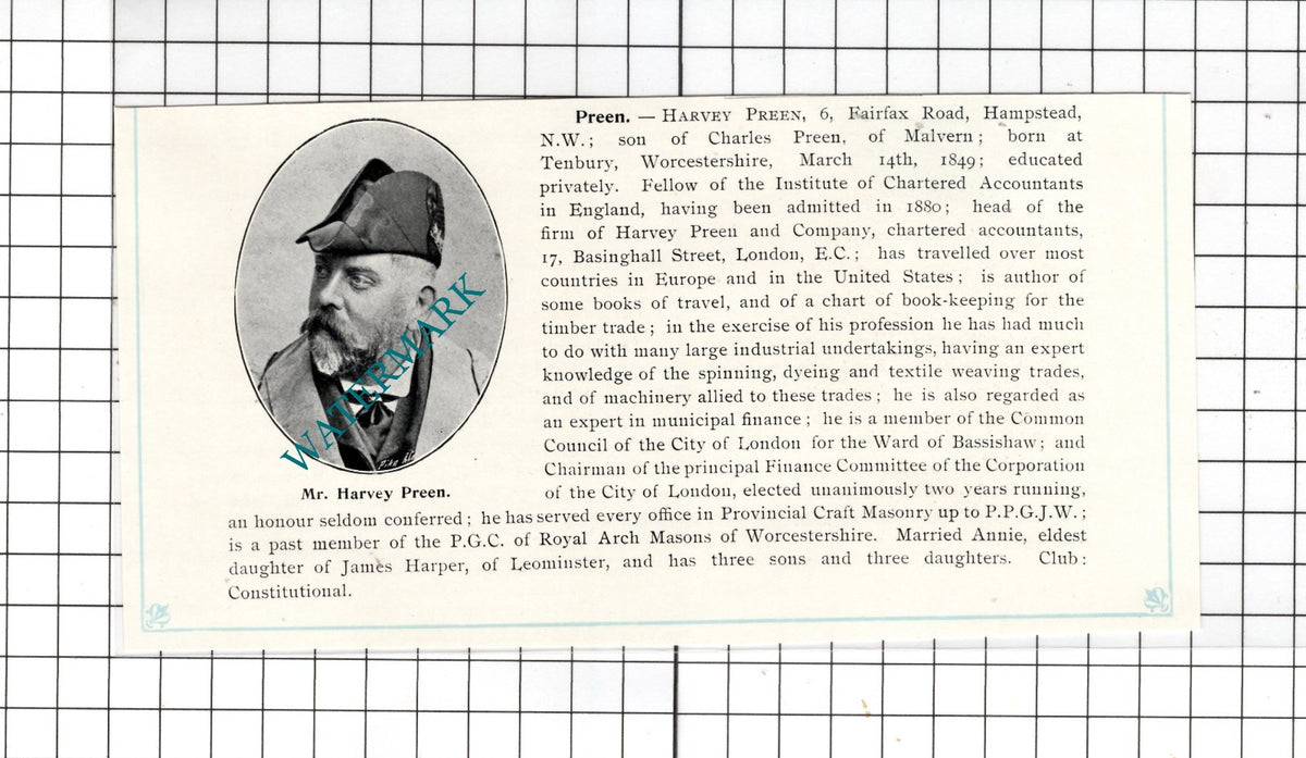 Mr Harvey Preen Tenbury Worcestershire   - c.1905 Clipping