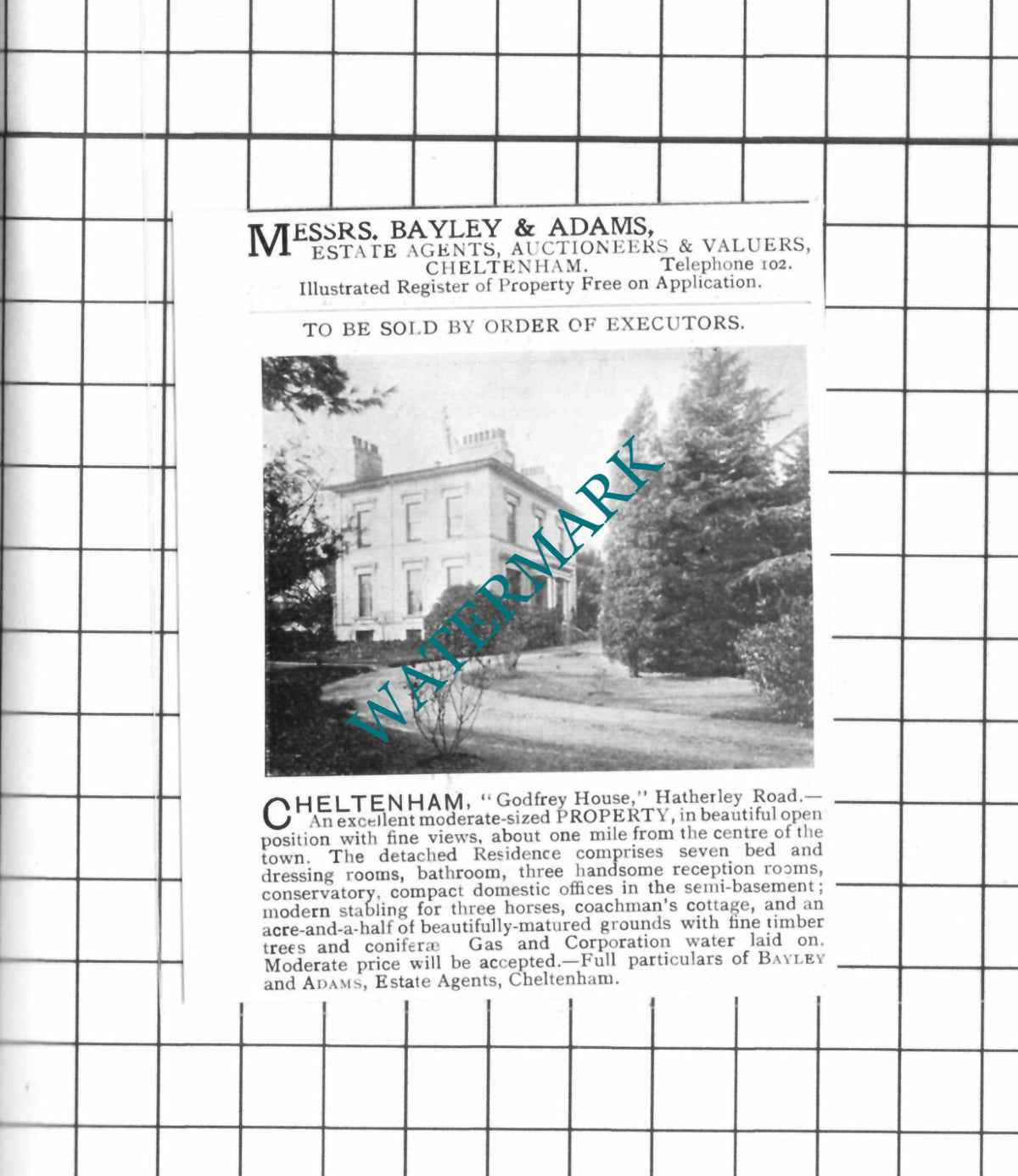 Godfrey House Hatherley Road Cheltenham House Sale Advert - 1903 SMALL Clipping