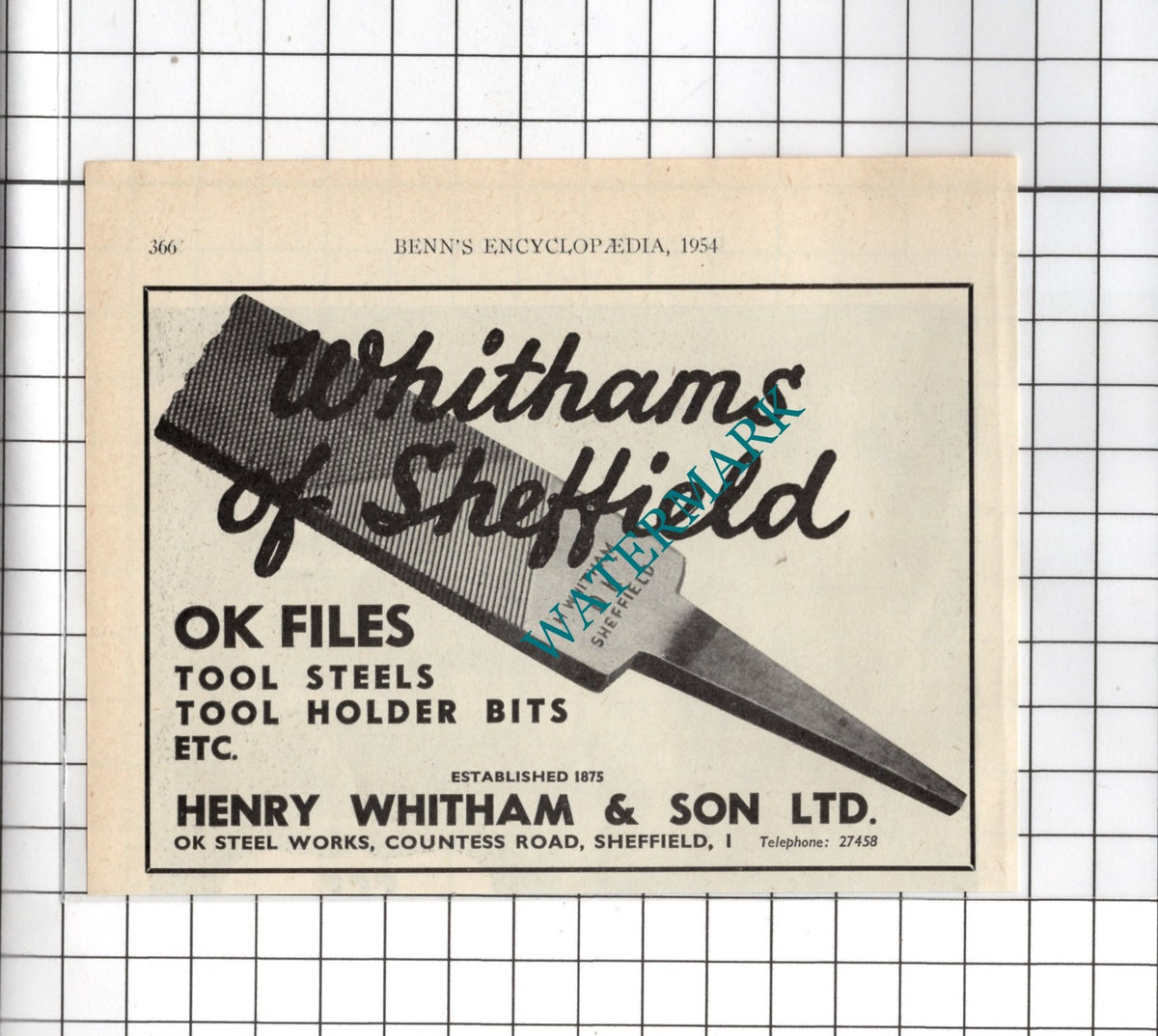 Henry Witham & Son Ltd OK Steel Works Sheffield Withams   - 1954 Small Advert