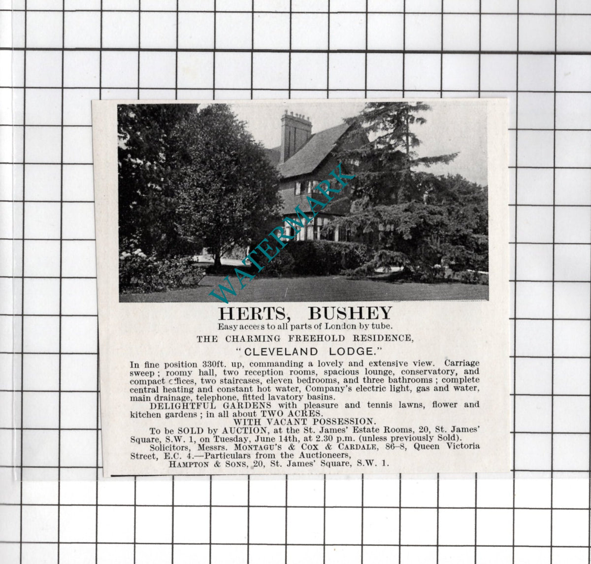Cleveland Lodge Bushey Hertfordshire - 1927 House Sale Advert
