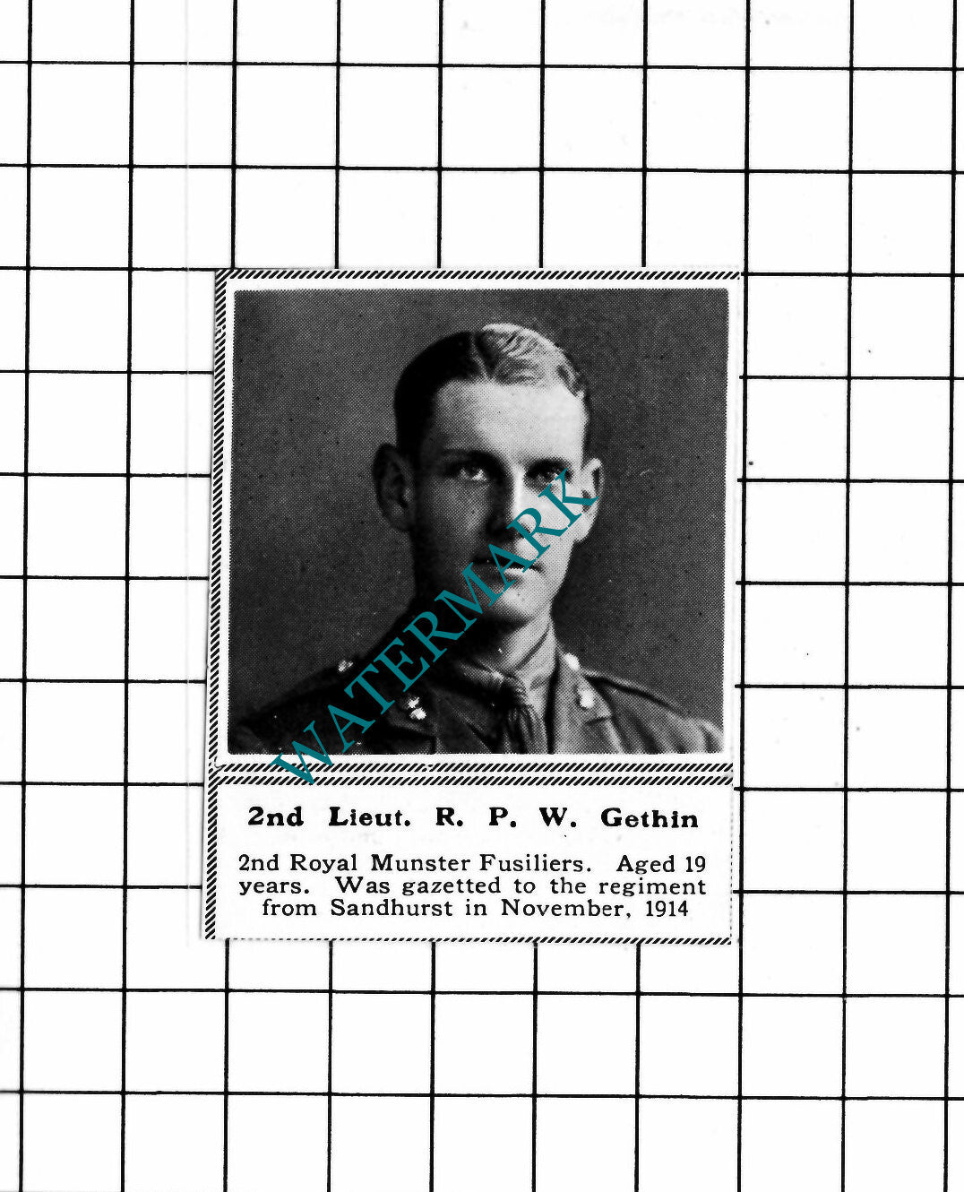 2nd Lt RPW Gethin 2nd Royal Munster Fusiliers WW1- c.1918 SMALL Clipping/  Print