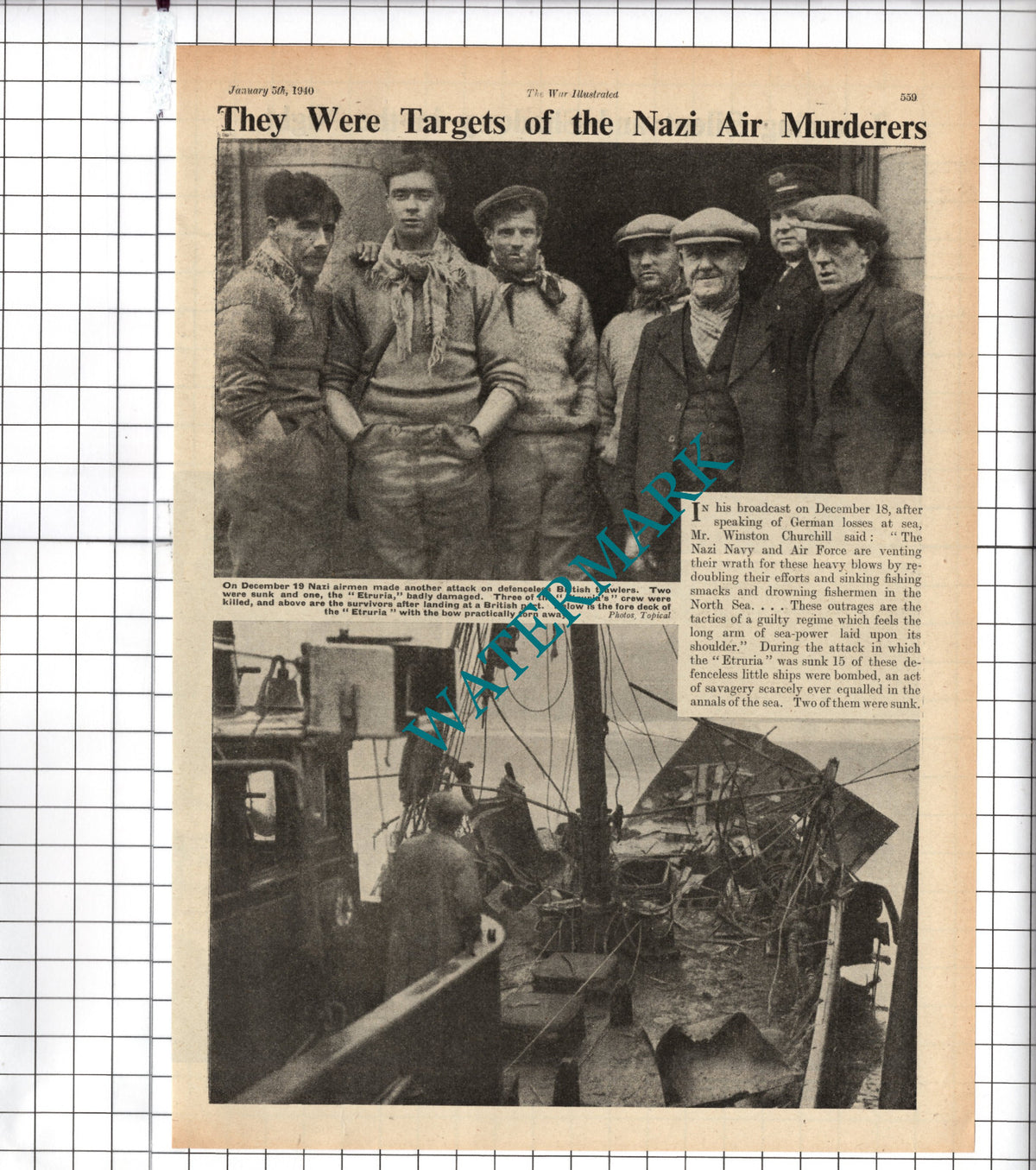 ETRURIA Trawler Ship Attacked Survivors  WW2 - 1939 Clipping