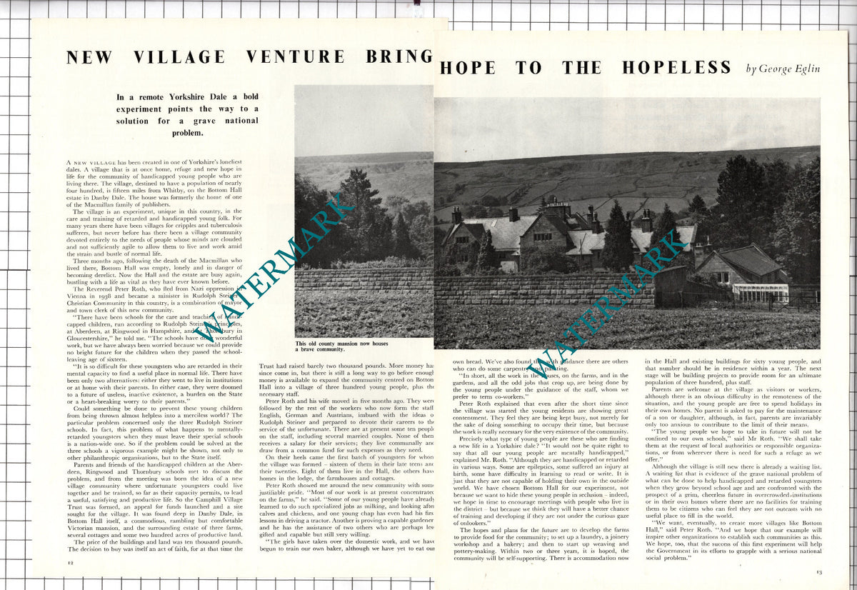 Botton Village Danby Dale Yorkshire  Rev Peter Roth - 1956 Article
